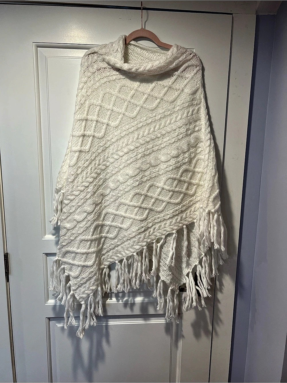 Aerie Cable Knit Fringe Poncho in White NWT